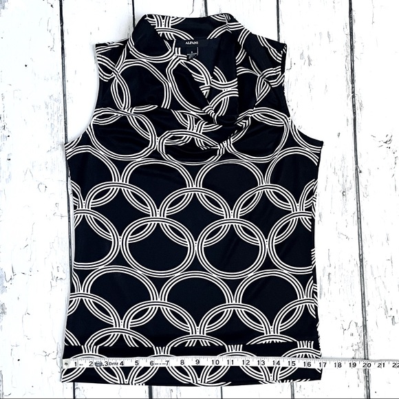 Alfani Slim Fit Cowl-Neck Sleeveless Blouse in Black with White Chain Pattern - Picture 2 of 7